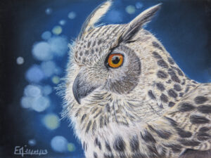 Portrait au pastel d'un hibou grand duc