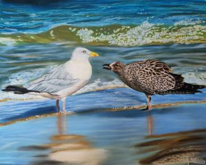 Tableau au pastel sec de deux goélands devant la mer bretonne.
