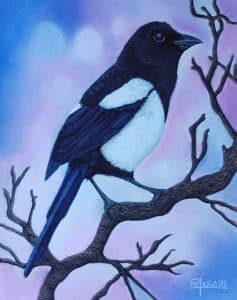 Portrait au pastel sec d'une pie posée sur une branche dénudée par l'hiver