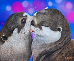 Tableau au pastel sec de deux loutres se câlinant