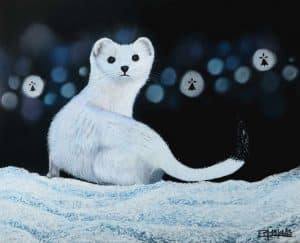 Portrait au pastel sec d'une hermine blanche dans la neige