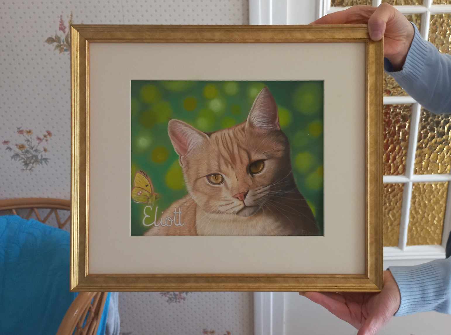 Portrait d'Eliott, un chat roux, encadré chez ma cliente