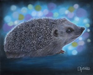 Portrait au pastel sec d'un hérisson sur fond fantastique bleu