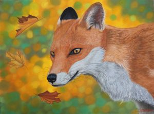 Portrait au pastel sec d'un renard dans un décor automnale