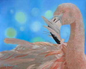 portrait au pastel sec d'un flamant rose faisant sa toilette