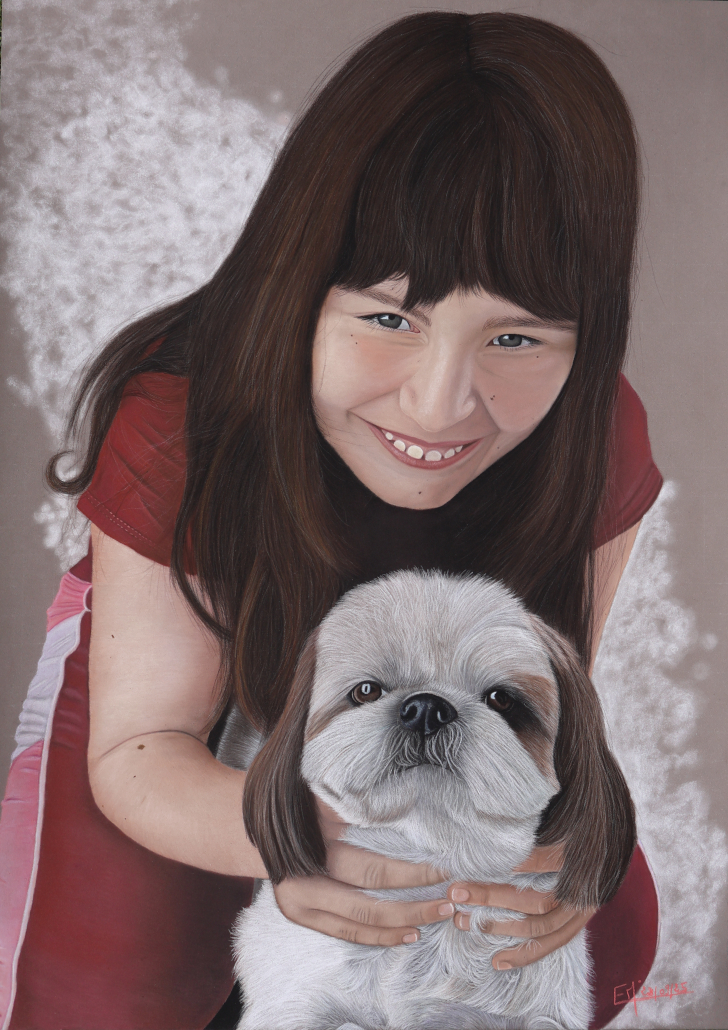 Portrait au pastel sec d'une petite fille avec son chien