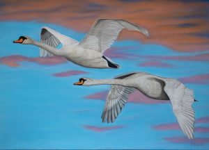 Portrait au pastel sec de deux cygnes qui volent au lever de soleil