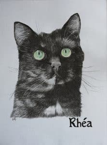 Portrait personnalisé "presque monochrome" de Rhéa, une petite chatte écaille-de-tortue