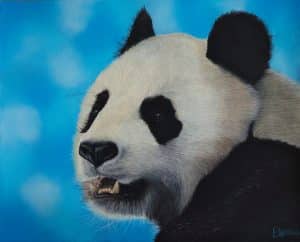 Tableau au pastel sec d'un panda devant un grand ciel bleu