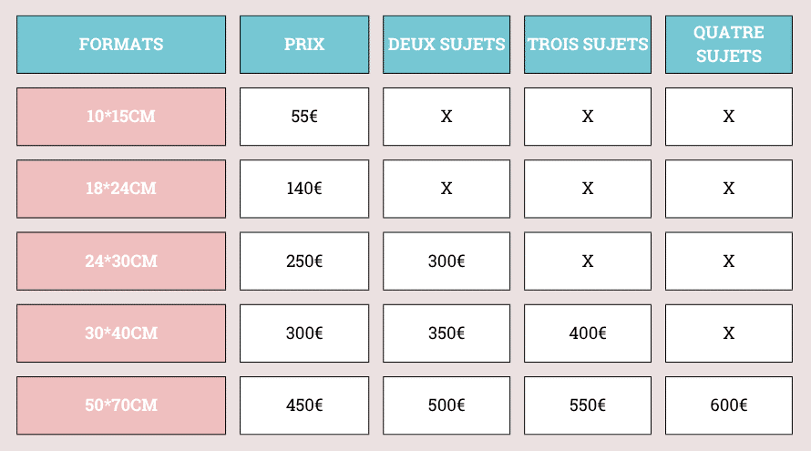 Grille tarifaire 2026 pour les tableaux au pastel sec